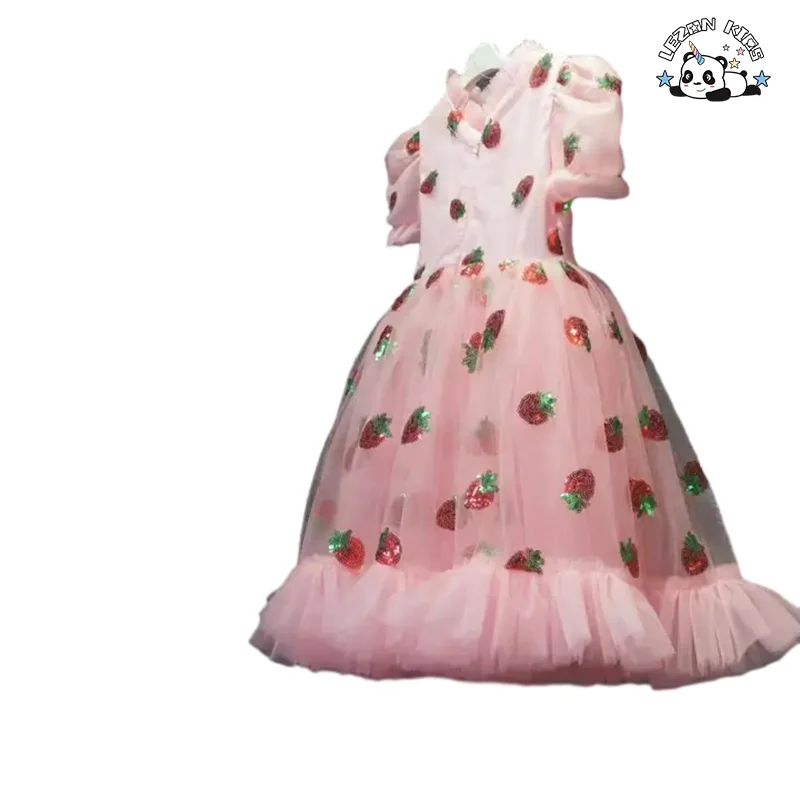 LEZONKIDS - Vestido infantil com lantejoulas de morango, manga bufante e tule rosa para meninas 2020